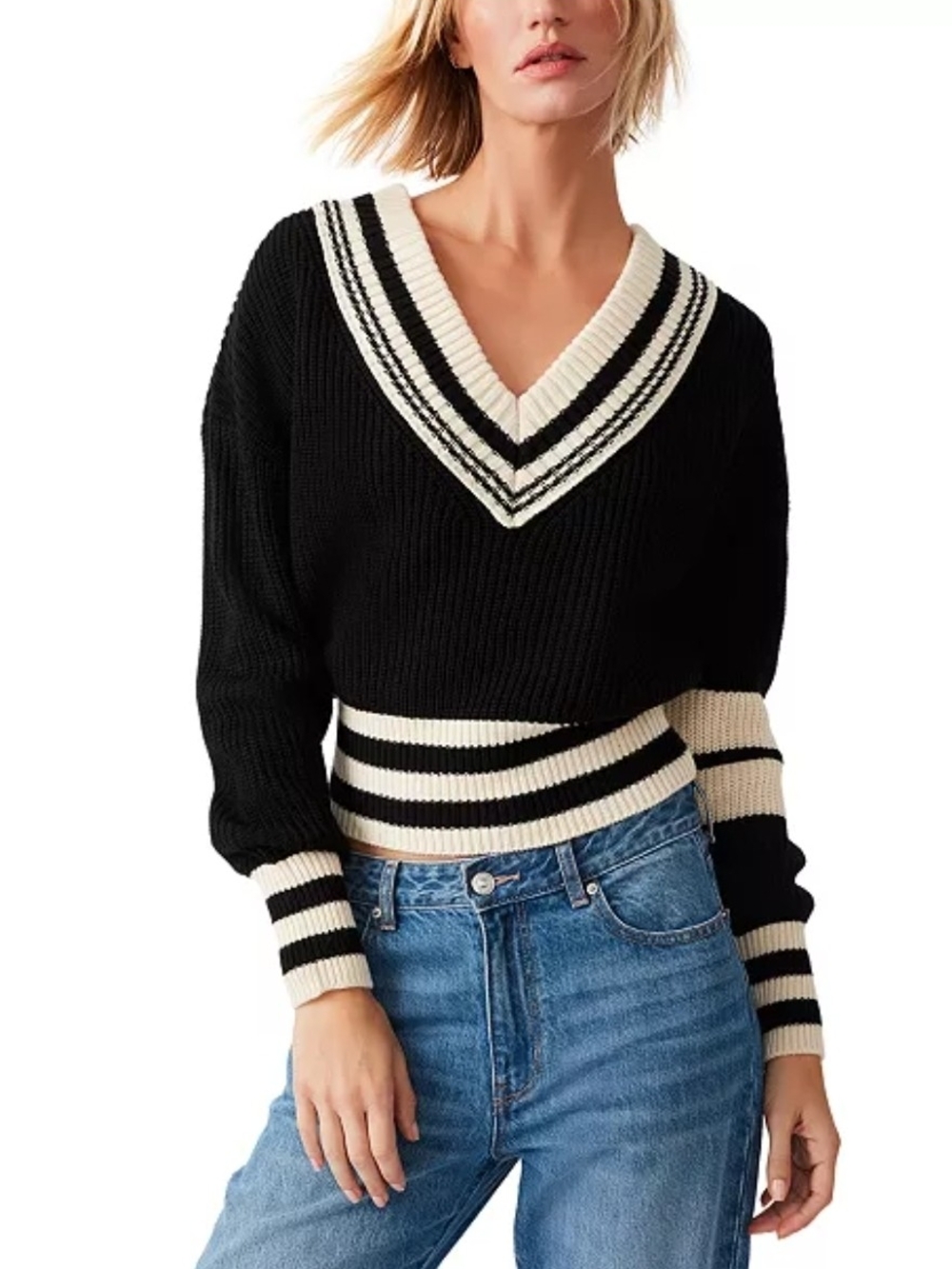 NWT Steve Madden Jen V-Neck Varsity Stripe Ribbed Black White Crop Sweater XS